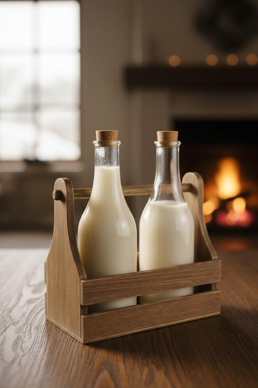Boza ve salep şişeleri karışık kutu içinde koyu ahşap üstünde