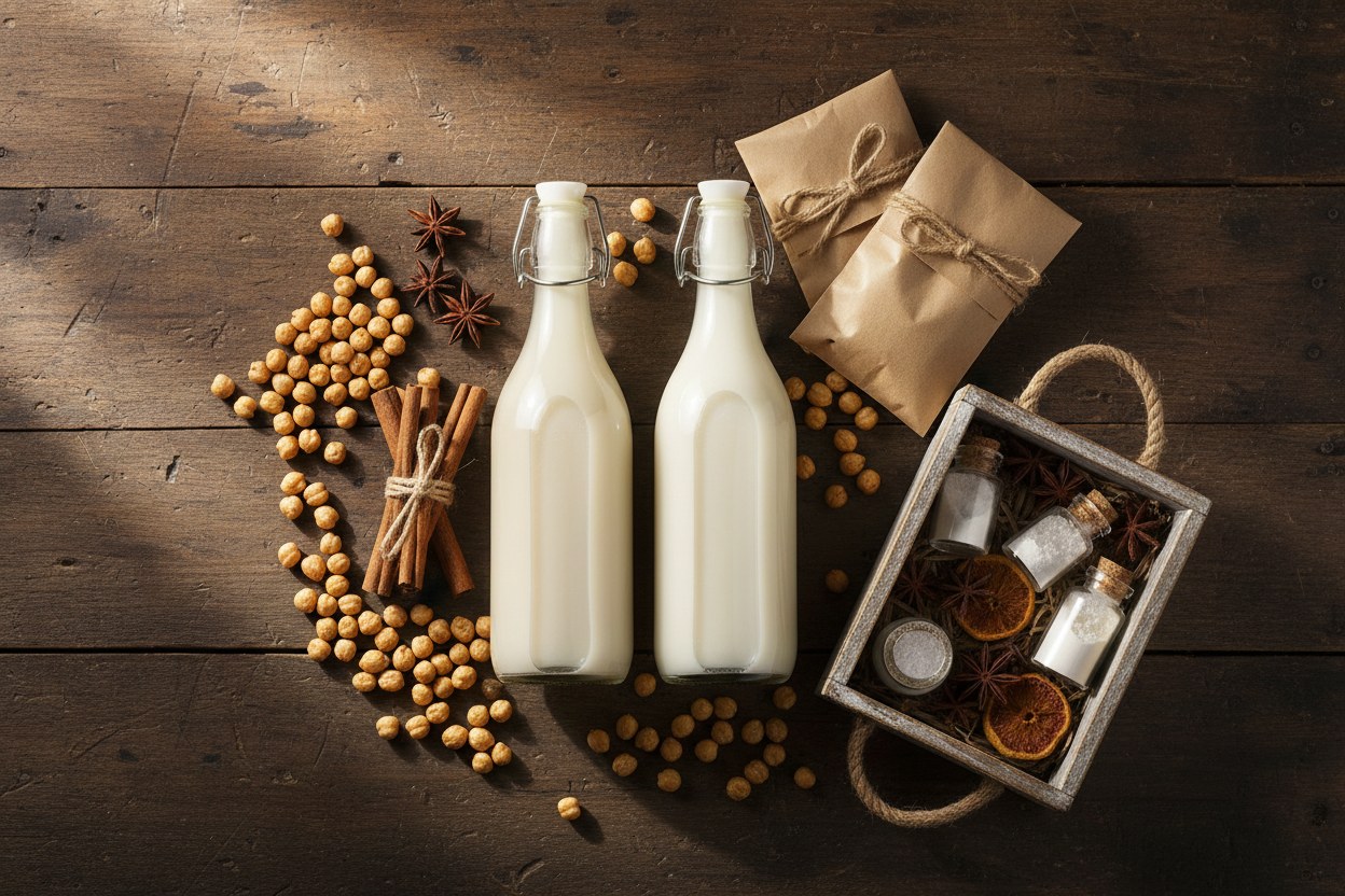Ahşap tezgâhta dizili taze şişe boza ve salep, tarçın ve leblebi ile